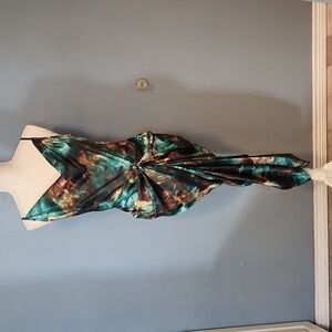 Teal & Black Draped Slip Midi Dress